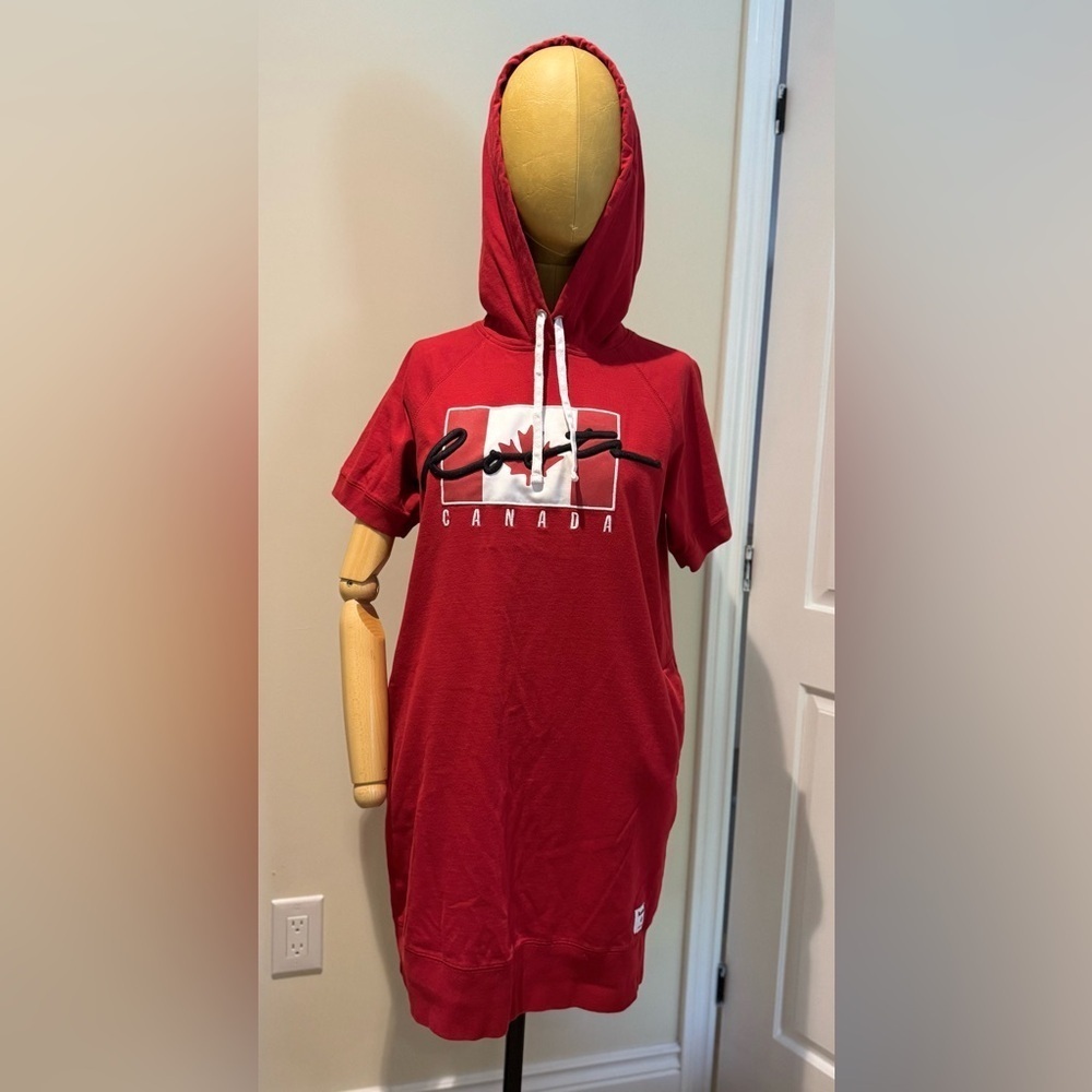 ROOTS CANADA 100% Cotton Red Short Sleeve Hoodie Dress with Logo (S)